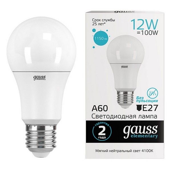 Лампа GAUSS Elementary 12Вт E27 LED 1150Лм 4100K A60 шар