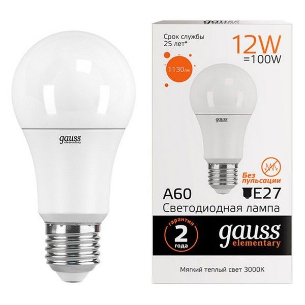 Лампа GAUSS Elementary 12Вт E27 LED 1130Лм 3000K A60 шар