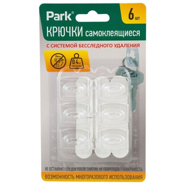 Крючок самоклеящийся PARK прозрачный до 0,4кг 6шт