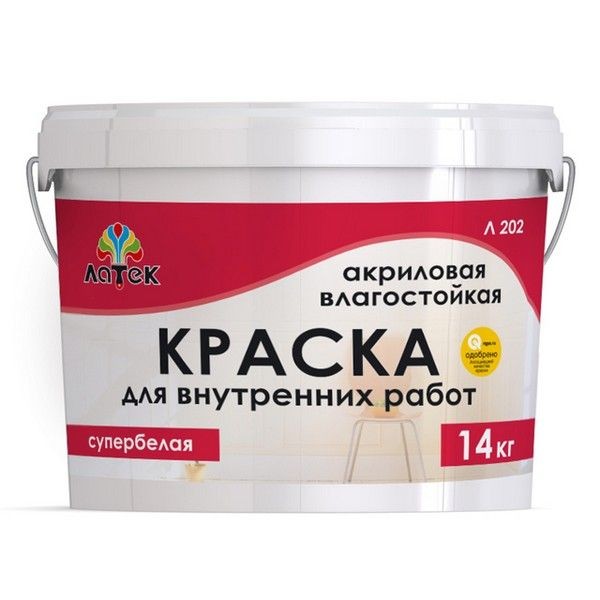 Краска акриловая ЛАТЕК Л202 для стен и потолков влагостойкая 14кг белая, арт. 4607067847423