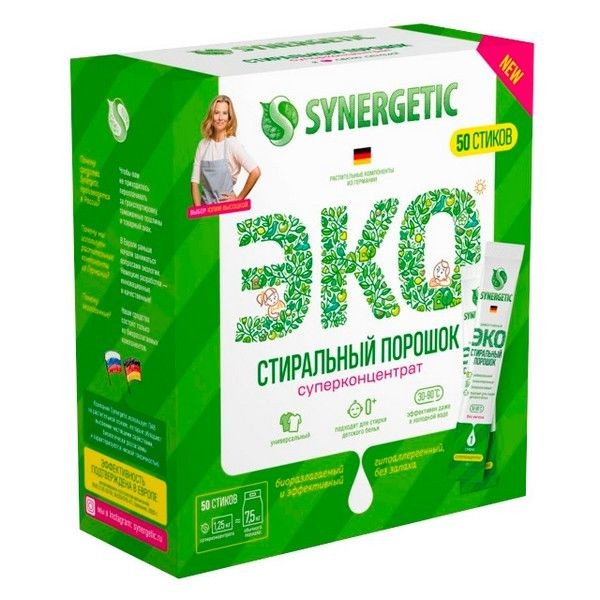 Порошок стиральный SYNERGETIC Эко Универсальный 50 стиков 1,25кг концентрат