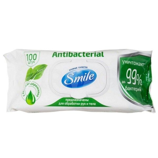 Салфетки влажные SMILE Antibacterial с подорожником с клапаном 100шт