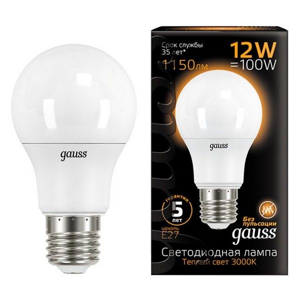 Лампа GAUSS 12Вт E27 LED 1150Лм 3000K A60 груша