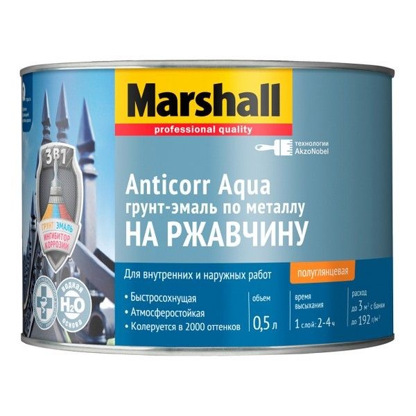 Грунт-эмаль акриловая MARSHALL Anticorr Aqua BC полуглянцевая 0,5л бесцветный, арт.5255647