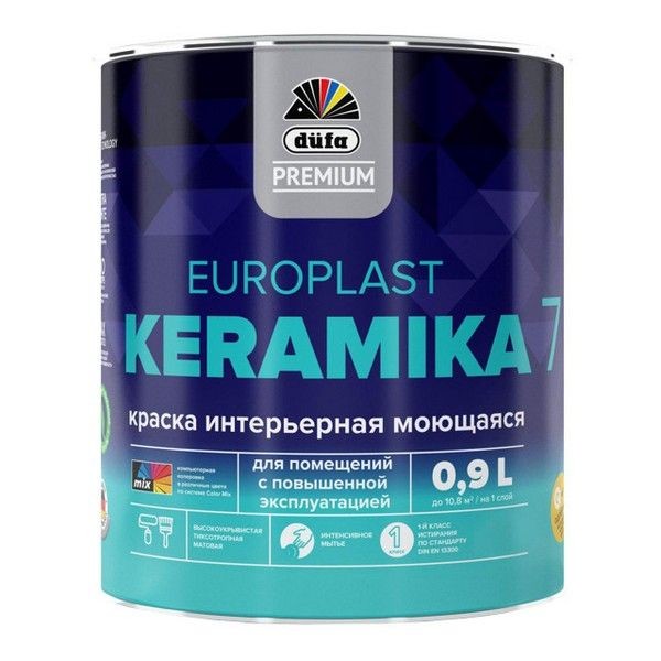 Краска в/д DUFA Premium EuroPlast Keramika 7 база 1 для стен и потолков 0,9л белая, арт.МП00-006964